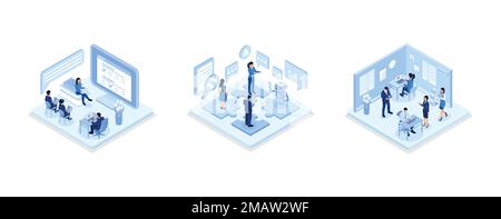 Online survey or questionnaire concept, Interaction between team and robot, People in coworking office concept design, isometric vector modern illustr Stock Vector