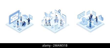 Students Study Online in University or College Campus, Active travel concept template, Our team concept with puzzle, isometric vector modern illustrat Stock Vector
