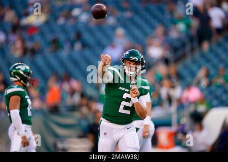 New York Jets' Zach Wilson warms up before a preseason NFL football game  against the Green Bay Packers Saturday, Aug. 21, 2021, in Green Bay, Wis.  (Jeff Haynes/AP Images for Panini Stock