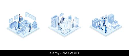 Car sharing concept, Data center concept with character, Students Learning English Language Online, isometric vector modern illustration Stock Vector
