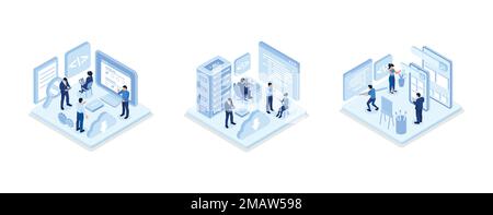People characters developing software and sending data to cloud storage, Developers team programming and writing program code on laptop, Development p Stock Vector
