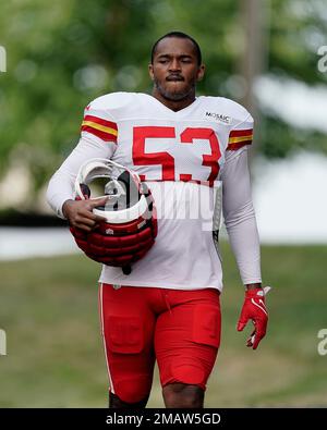 Kansas City Chiefs linebacker Jermaine Carter (53) gets set on defense  during an NFL pre-season football game against the Green Bay Packers  Thursday, Aug. 25, 2022, in Kansas City, Mo. (AP Photo/Peter