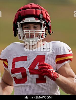 Kansas City Chiefs linebacker Leo Chenal (54) gets set on defense during an  NFL pre-season football game against the Washington Commanders Saturday,  Aug. 20, 2022, in Kansas City, Mo. (AP Photo/Peter Aiken