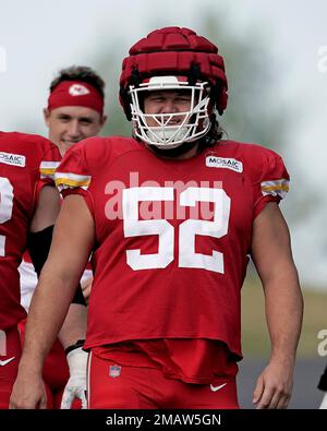 Kansas City Chiefs offensive lineman Creed Humphrey (52) in the huddle in  the first half of an NFL football game against the Los Angeles Chargers,  Thursday, December 16, 2021 in Inglewood, Calif.