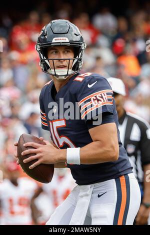 Chicago Bears quarterback Trevor Siemian (15) stands on the field during  the first half of an NFL football game against the Minnesota Vikings,  Sunday, Oct. 9, 2022, in Minneapolis. (AP Photo/Abbie Parr