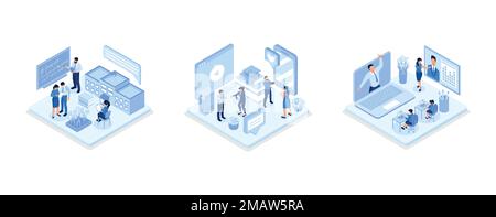 People characters developing software and sending data to cloud storage, Online education and e-learning concept, People characters having video call Stock Vector