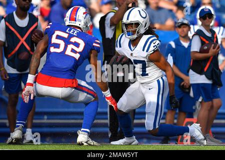 FILE - Indianapolis Colts running back D'Vonte Price (27) runs a drill  during practice at the NFL team's football training camp in Westfield,  Ind., Tuesday, Aug. 2, 2022. Guardian Caps, the mushroom-like