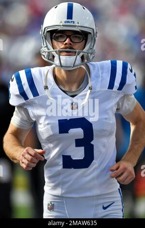 Indianapolis Colts kicker Rodrigo Blankenship (3) walks to position before  a kickoff against the Buffalo Bills during the first quarter of an NFL  wild-card playoff football game, Saturday, Jan. 9, 2021, in