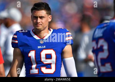 Buffalo Bills punter Matt Araiza warms up before a preseason NFL