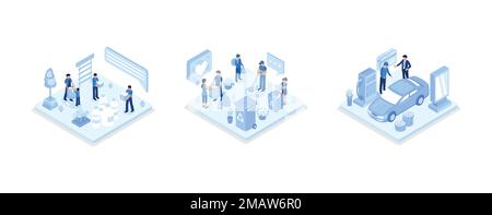 Character collecting plastic and other environmentally unfriendly trash, Woman and man taking out the garbage, People character standing at gas statio Stock Vector