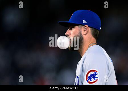 Chicago Cubs' Patrick Wisdom blows a bubble while batting during the fourth  inning of the team's baseball game against the San Diego Padres on Tuesday,  April 25, 2023, in Chicago. (AP Photo/Erin