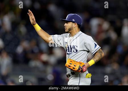 Jose Siri of the Tampa Bay Rays reacts after grounding out during