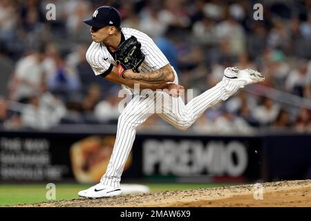 New York Yankees pitcher Jonathan Loaisiga (43) throws during the seventh  inning of a baseball game against the Tampa Bay Rays on Monday, Aug. 15,  2022, in New York. The Rays won 4-0. (AP Photo/Adam Hunger Stock Photo -  Alamy