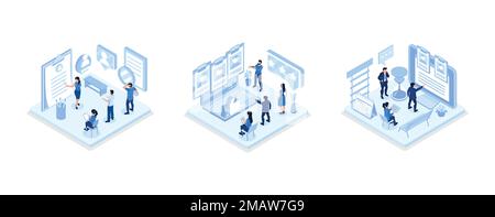 Hr manager presenting potential job candidate, Hr managers searching new employee, Human resource management and hiring concept, isometric vector mode Stock Vector