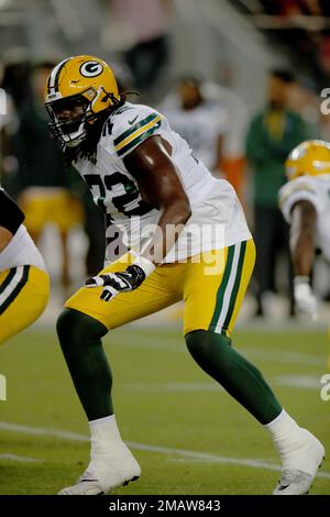 Green Bay Packers tackle Caleb Jones (72) blocks during an NFL