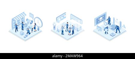 Digital Marketing and E-Commerce Concept, Courier in Uniform Delivering Package, Hackers Hacking Information from Laptop and Stealing Personal Data, C Stock Vector