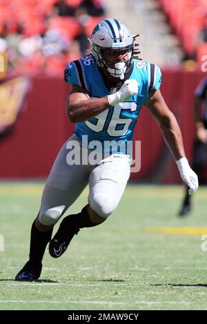 Buffalo Bills running back Raheem Blackshear (35) is tackled by Carolina  Panthers defensive end Austin Larkin (