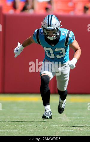 Carolina Panthers (83) wide receiver Louis Murphy leaps into the arms of  (82) tight end Gary Barnidge following Barnidge's touchdown pass reception  from (3) Derek Anderson during third quarter action against the