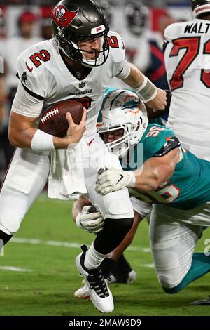 Miami Dolphins linebacker Duke Riley (45) sets up for a play during the  first half of a preseason NFL football game against the Tampa Bay  Buccaneers, Saturday, Aug. 13, 2022, in Tampa