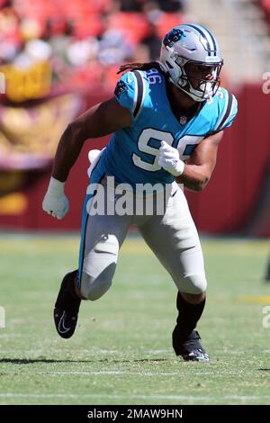 Buffalo Bills running back Raheem Blackshear (35) is tackled by Carolina  Panthers defensive end Austin Larkin (