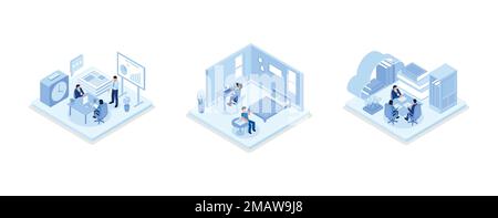 Financial Advisor Sitting at Office Desk and Talking with Client, Home Office Concept, Student Character Standing near Books Shelf at Library and Choo Stock Vector