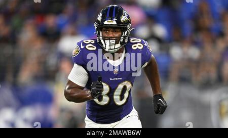 Baltimore Ravens tight end Isaiah Likely (80) runs a route during the first  half of an NFL football game against the New England Patriots, Sunday, Sep.  25, 2022, in Foxborough, Mass. (AP