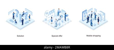 Problem and solution concept, Discount sale concept with characters, Online shopping , isometric vector modern illustration Stock Vector