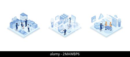 People Characters standing in Modern Smart City and Communicating with New Generation 5g Technology Network, Woman sitting at Desk and Filling Survey Stock Vector