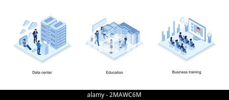 Data center concept with character, Girls and Boys Learning Together with Smartphone, Laptop, Books, Business training or courses concept, isometric v Stock Vector