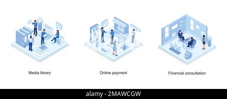 Media book library concept banner with characters, Mobile payment concept with character, Financial consultation concept, isometric vector modern illu Stock Vector