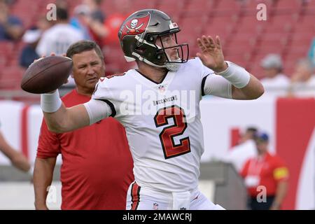 Tampa Bay Buccaneers quarterback Kyle Trask 2 throws as