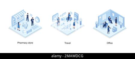 Pharmacy store concept with characters, Man and woman ready for vacation, Coworcers in office concept design, isometric vector modern illustration Stock Vector