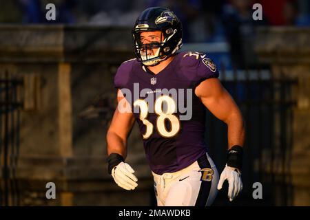 Fullback (38) Ben Mason of the Baltimore Ravens on the sideline against the  Arizona Cardinals in an NFL preseason football game, Sunday, Aug. 21, 2022,  in Glendale, Ariz.(AP Photo/Jeff Lewis Stock Photo 