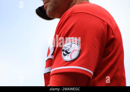 The Mr. Redlegs logo is seen on the jersey of Joey Votto during a