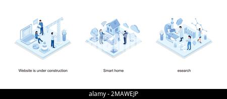 Website under construction concept with characters, Smart house with solar panel and electric car, Medical research concept, isometric vector modern i Stock Vector