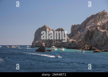 The Cabo Arch is perhaps the most famous landmark in Cabo San Lucas, Mexican Riviera, Mexico. It is only reachable via boat and sits at Land's End. Stock Photo