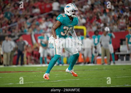 Miami Dolphins cornerback Quincy Wilson (36) covers a receiver as he looks  toward the quarterback during an NFL football game against theTampa Bay  Buccaneers, Saturday, Aug. 13, 2022 in Tampa, Fla. The