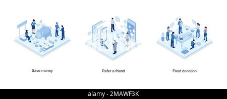 People Characters Standing near Piggy Bank, Gold Coins Stack and Banknotes Bundle, Social media referral program concept with characters, Food donatio Stock Vector