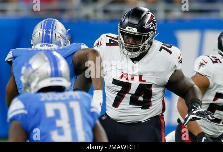 Atlanta Falcons guard Germain Ifedi (74) watches before a