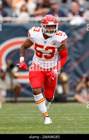 Kansas City Chiefs linebacker Jermaine Carter (53) runs on the field during  the first half of a preseason NFL football game against the Chicago Bears,  Saturday, Aug. 13, 2022, in Chicago. (AP