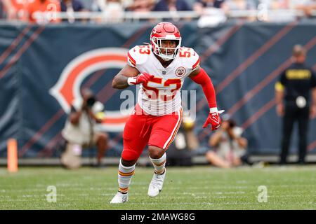 Kansas City Chiefs linebacker Jermaine Carter (53) runs on the field during  the first half of a preseason NFL football game against the Chicago Bears,  Saturday, Aug. 13, 2022, in Chicago. (AP