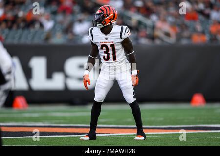 Cincinnati Bengals safety Michael Thomas (31) greets military personnel  before the start of an NFL football game between the Cincinnati Bengals and  the Carolina Panthers, during the NFL's Salute to Service Sunday