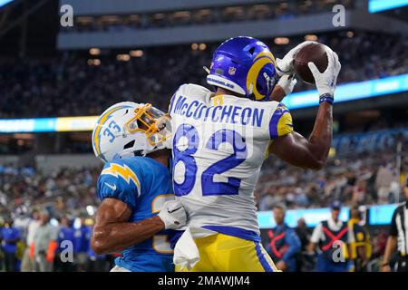 Wide receiver (82) Lance McCutcheon of the Los Angeles Rams warms up before  playing against the Los Angeles Chargers in a preseason NFL football game,  Saturday, Aug. 13, 2022, in Inglewood, Calif.