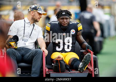 Pittsburgh Steelers safety Karl Joseph (38) is carted off the