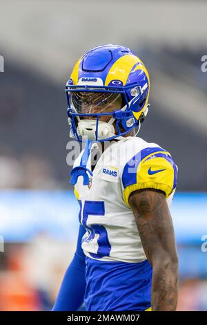 Wide receiver (15) TuTu Atwell of the Los Angeles Rams warms up