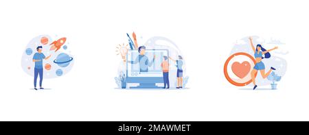 office workers are studying the infographic, people run to their goal on the column of columns, employee receives a gift, set flat vector modern illus Stock Vector