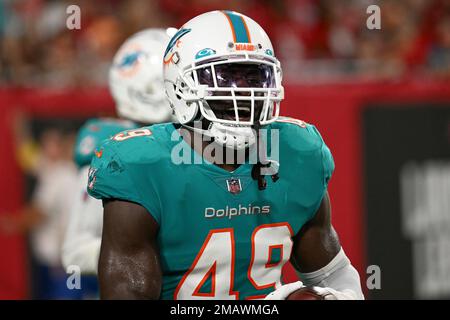 Miami Dolphins linebacker Sam Eguavoen (49) comes off the field after an  NFL football game against the Tennessee Titans, Sunday, Jan. 2, 2022, in  Nashville, Tenn. (AP Photo/John Amis Stock Photo - Alamy