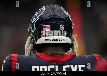 Houston Texans defensive end Adedayo Odeleye (75) walks toward the huddle  during the second half of an NFL preseason football game against the New  Orleans Saints Saturday, Aug. 13, 2022, in Houston. (