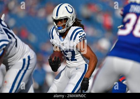 Indianapolis Colts running back D'vonte Price runs on the field during the  second half of a preseason NFL football game against the Buffalo Bills in  Orchard Park, N.Y., Saturday, Aug. 13, 2022. (