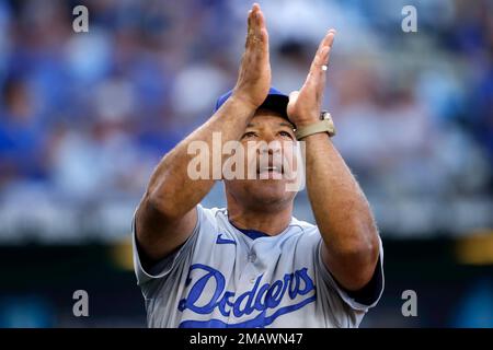 Los Angeles Dodgers manager Dave Roberts reacts as Kansas City